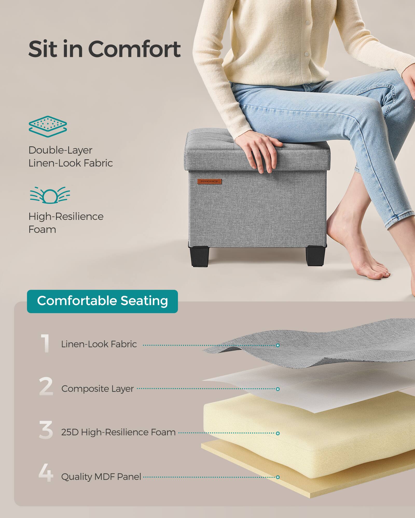 Sit in Comfort

Double-Layer Linen-Look Fabric
High-Resilience Foam

Comfortable Seating

1. Linen-Look Fabric
2. Composite Layer
3. 25D High-Resilience Foam
4. Quality MDF Panel
