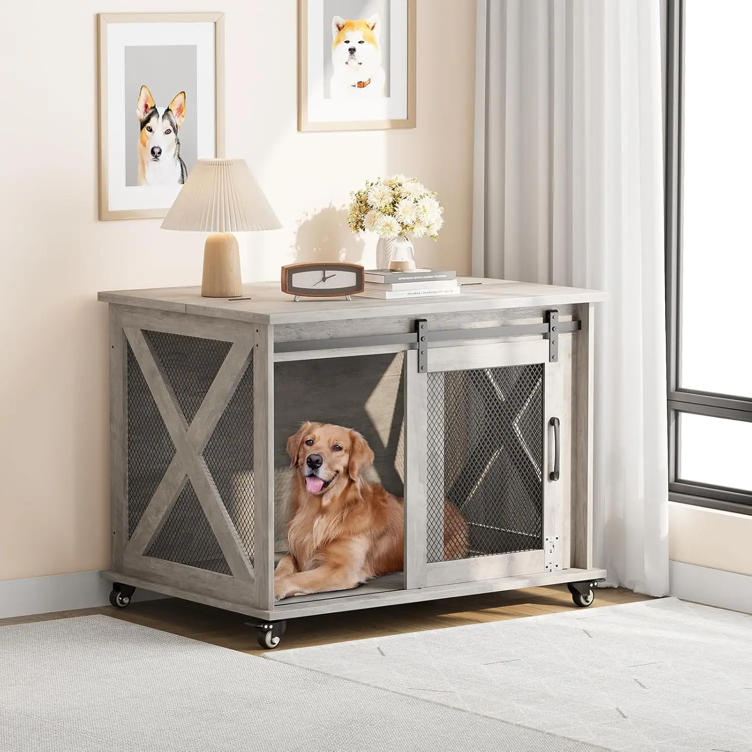 Acekool - Dog Crate Furniture with Flip Top, 37" Dog Cage Furniture with Sliding Barn Door, Wheels, Removable Divider, Grey