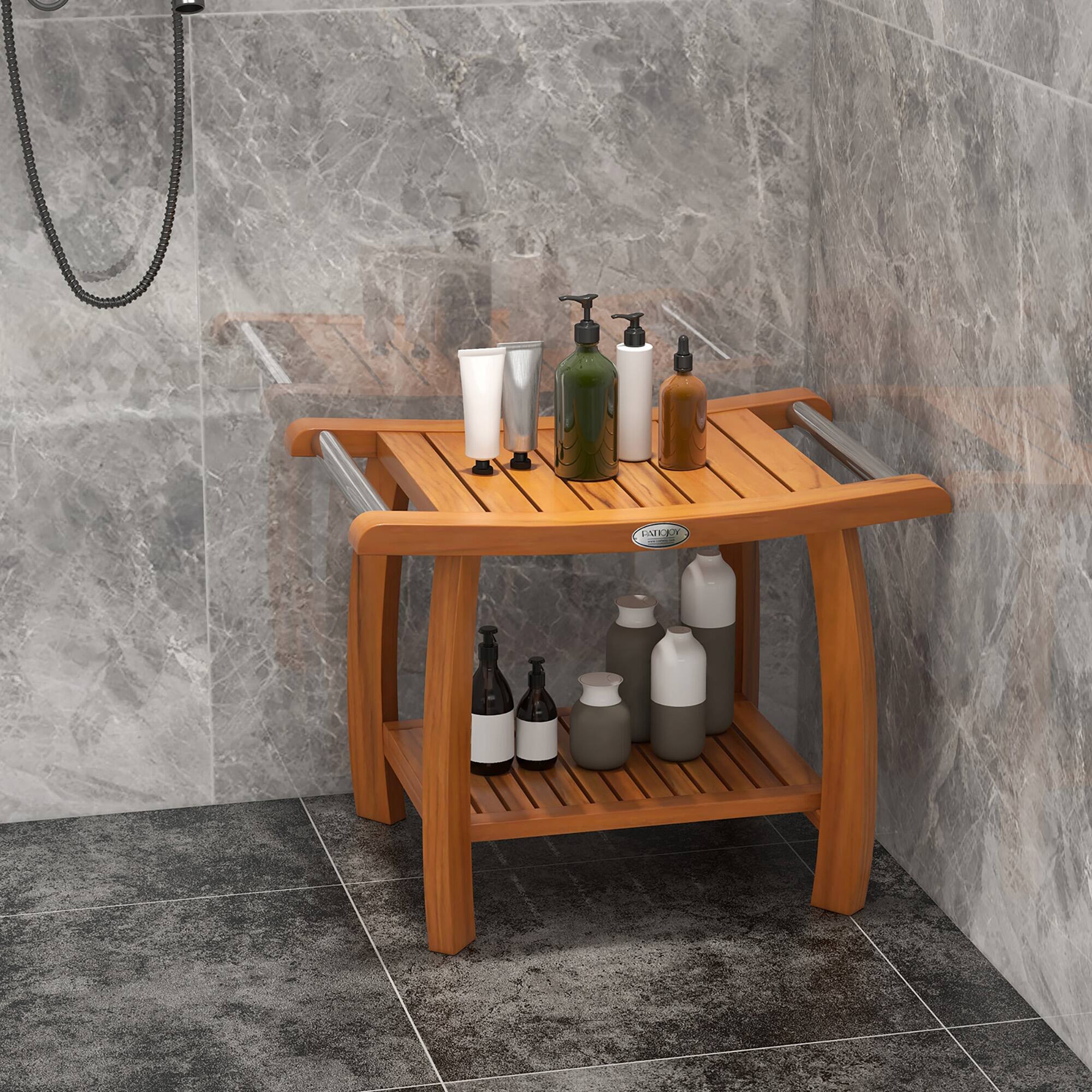 Alt View 3. Gymax - Gymax Teak Wood Shower Bench 2-Tier Wooden Shower Stool w/ Curved Seat Handles Large - Natural.