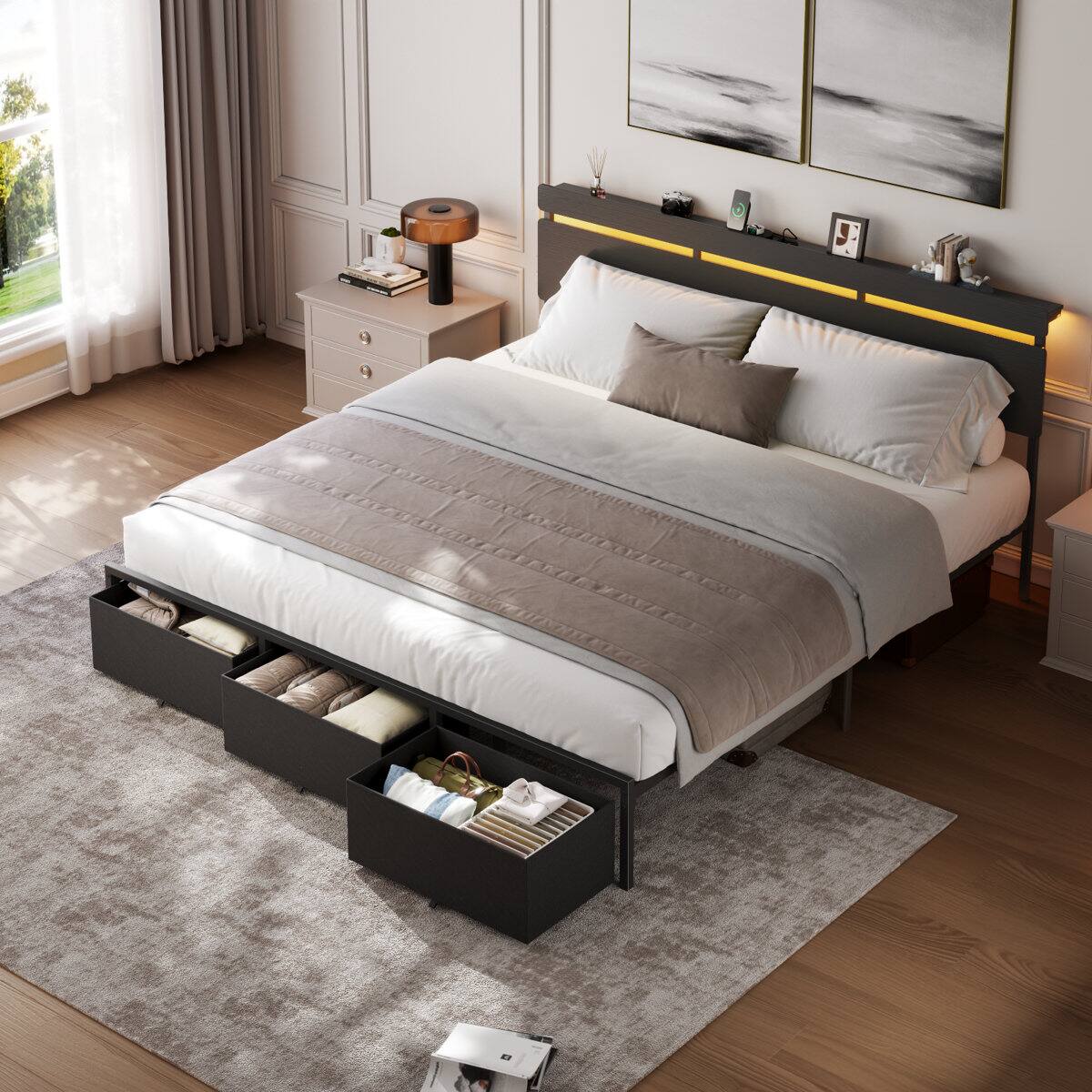 Alt View 1. Furnulem - Bed Frame with Wood Headboard Metal Platform with 3 Storage Drawers and Shelf Built in Charging Station and LED Lights - Black.