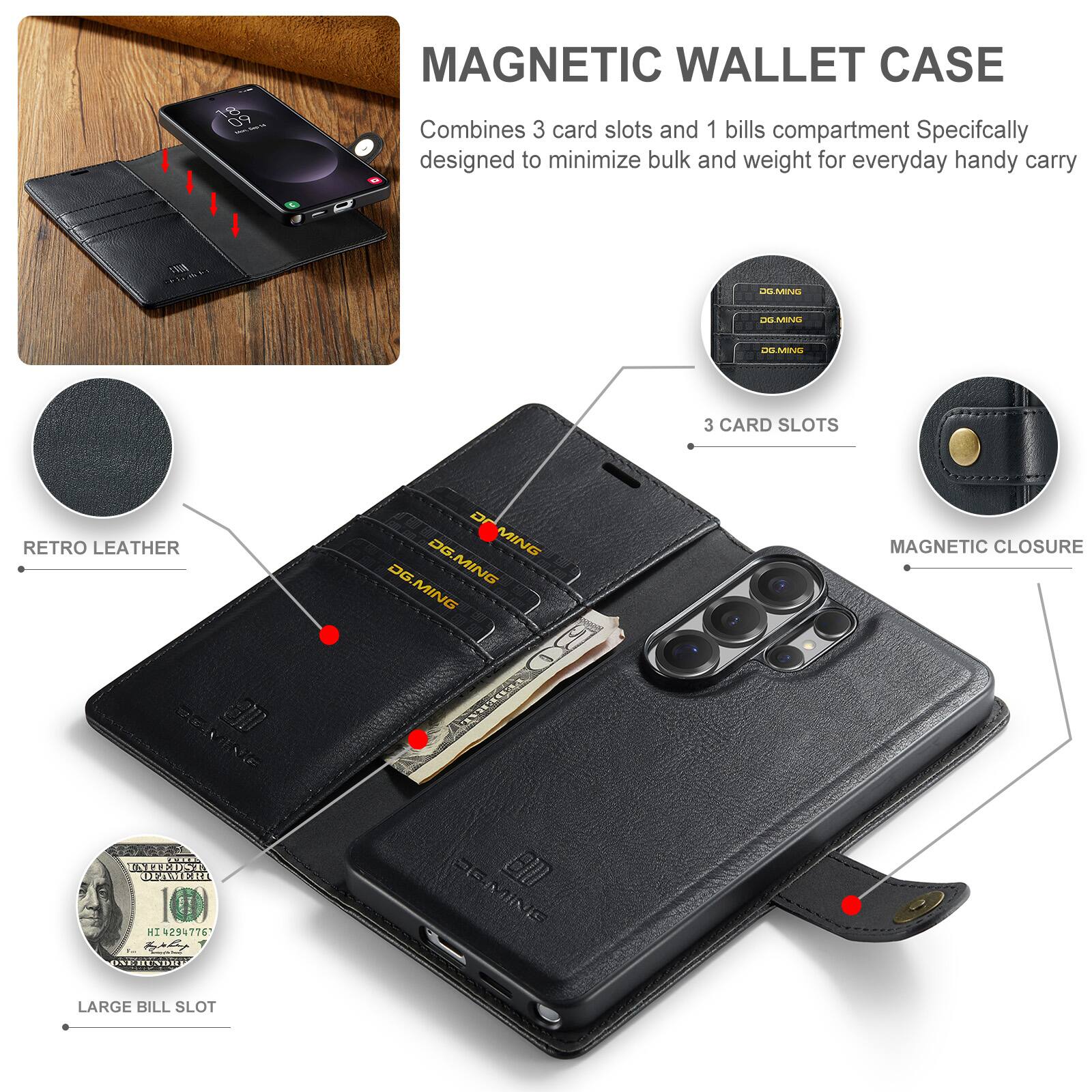 MAGNETIC WALLET CASE

Combines 3 card slots and 1 bills compartment. Specifically designed to minimize bulk and weight for everyday handy carry.

- 3 CARD SLOTS
- RETRO LEATHER
- MAGNETIC CLOSURE
- LARGE BILL SLOT