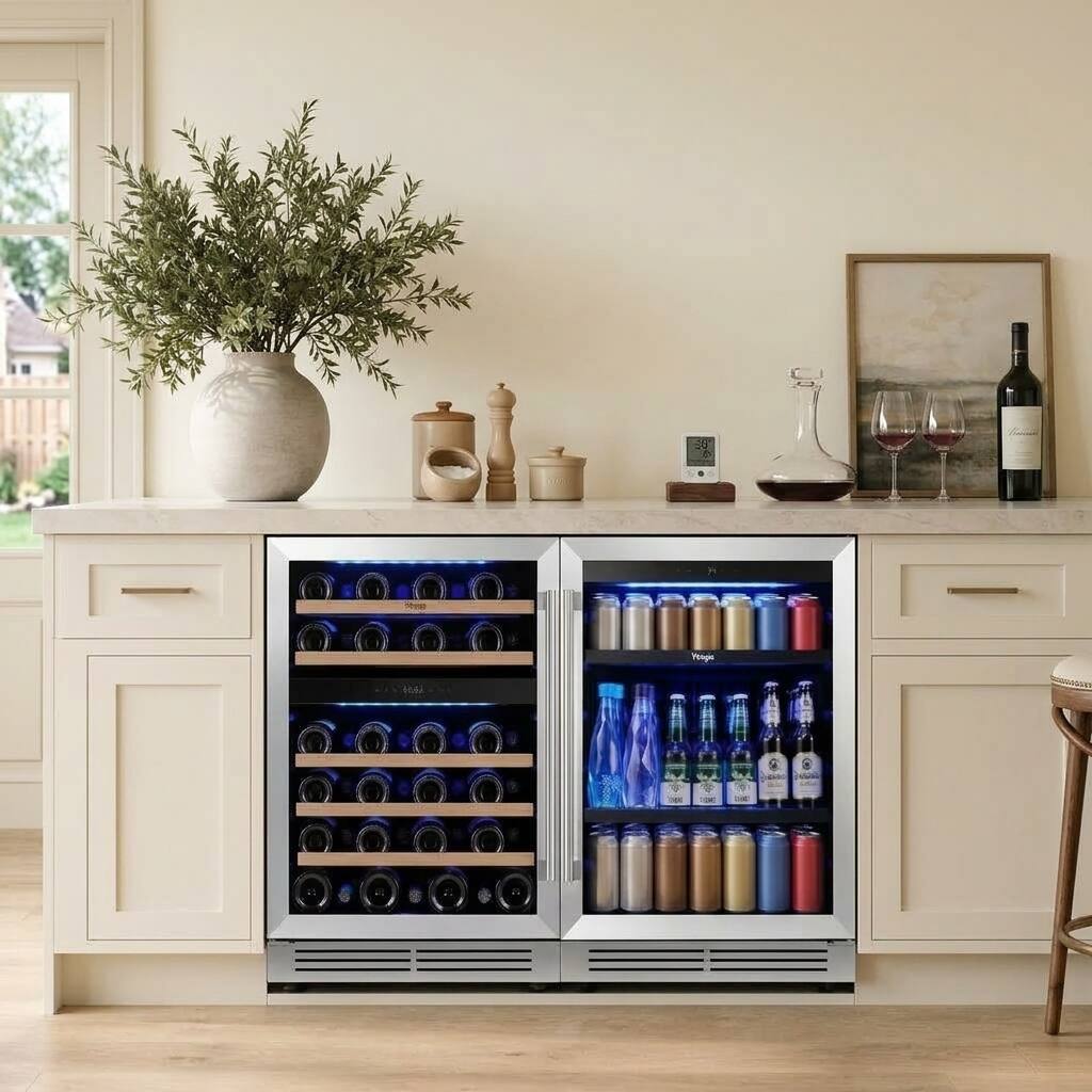 Angle. Yeego - 48 inch Triple Zone Wine & Beverage Refrigerator , 52 Bottle +180 Can  Fridge, Built-in/Freestanding- Stainless Steel - Stainless Steel.