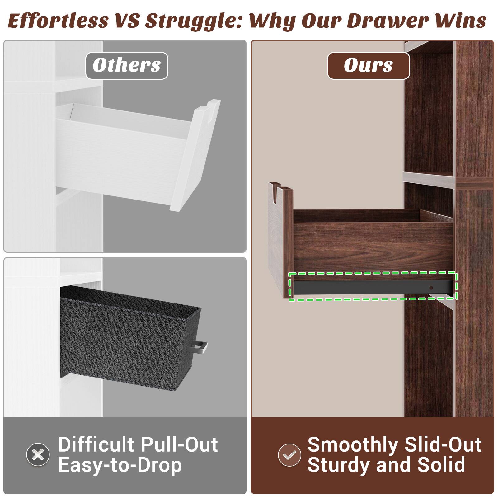 Effortless VS Struggle: Why Our Drawer Wins

Others
Difficult Pull-Out
Easy-to-Drop

Ours
Smoothly Slid-Out
Sturdy and Solid