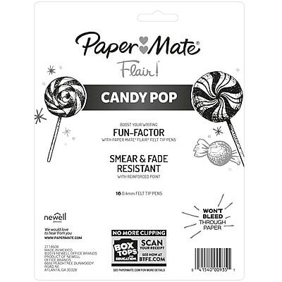 Paper Mate Flair!  
Candy Pop  
Boost your writing fun-factor with Paper Mate Flair felt tip pens  
Smear & fade resistant with reinforced point  
16 0.4mm felt tip pens  

Newell  
We want to hear from you  
www.papermate.com  

No more clipping scan box tops  
See now at education.btf.com  

Won't bleed through paper  

Newell Office Brands of Well Dunwoody  
Atlanta, GA 30328  

2114608  
41560 00935