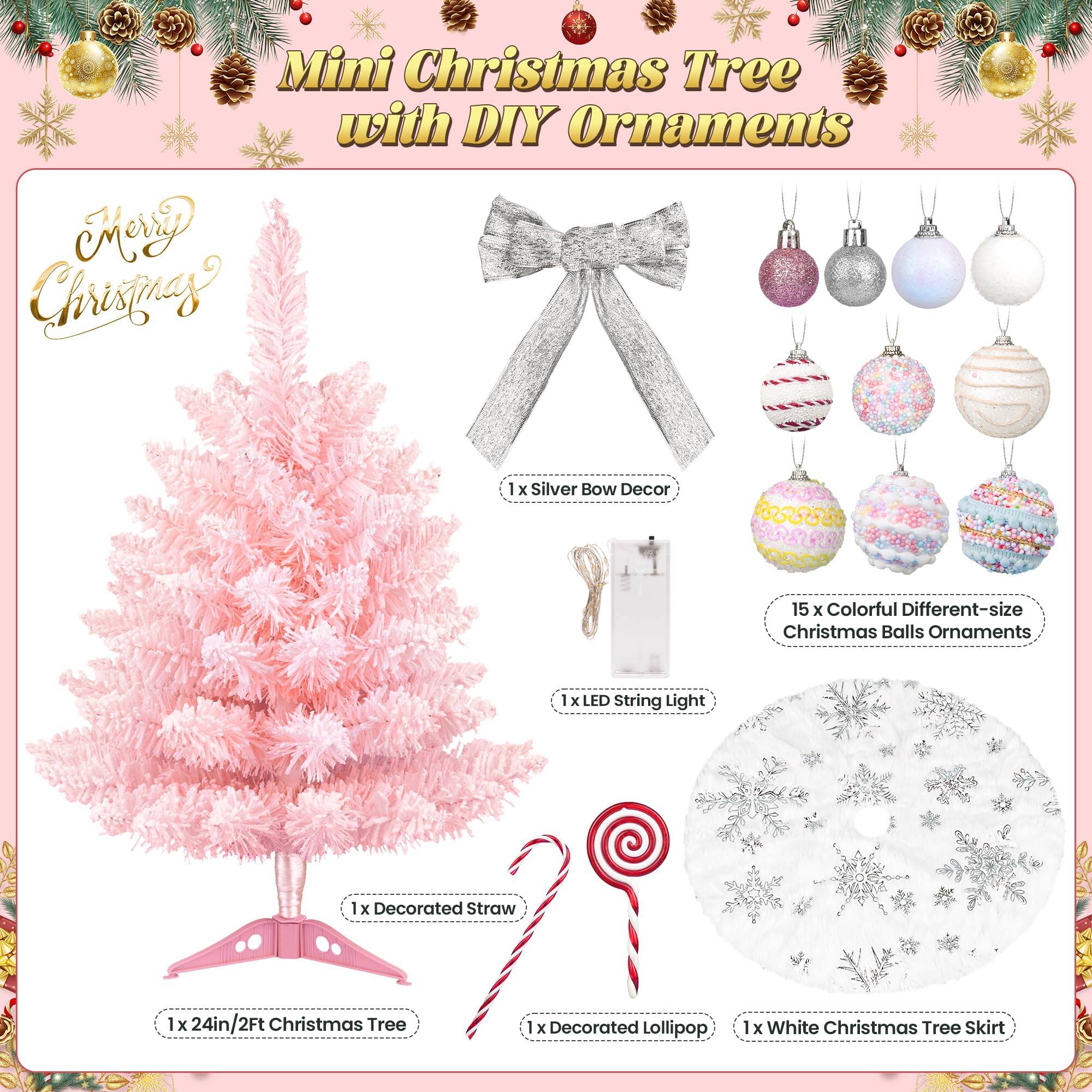 Mini Christmas Tree with DIY Ornaments

Merry Christmas

- 1x Silver Bow Decor
- 15 x Colorful Different-size Christmas Balls Ornaments
- 1x LED String Light
- 1x Decorated Straw
- 1x 24in/2Ft Christmas Tree
- 1x Decorated Lollipop
- 1x White Christmas Tree Skirt