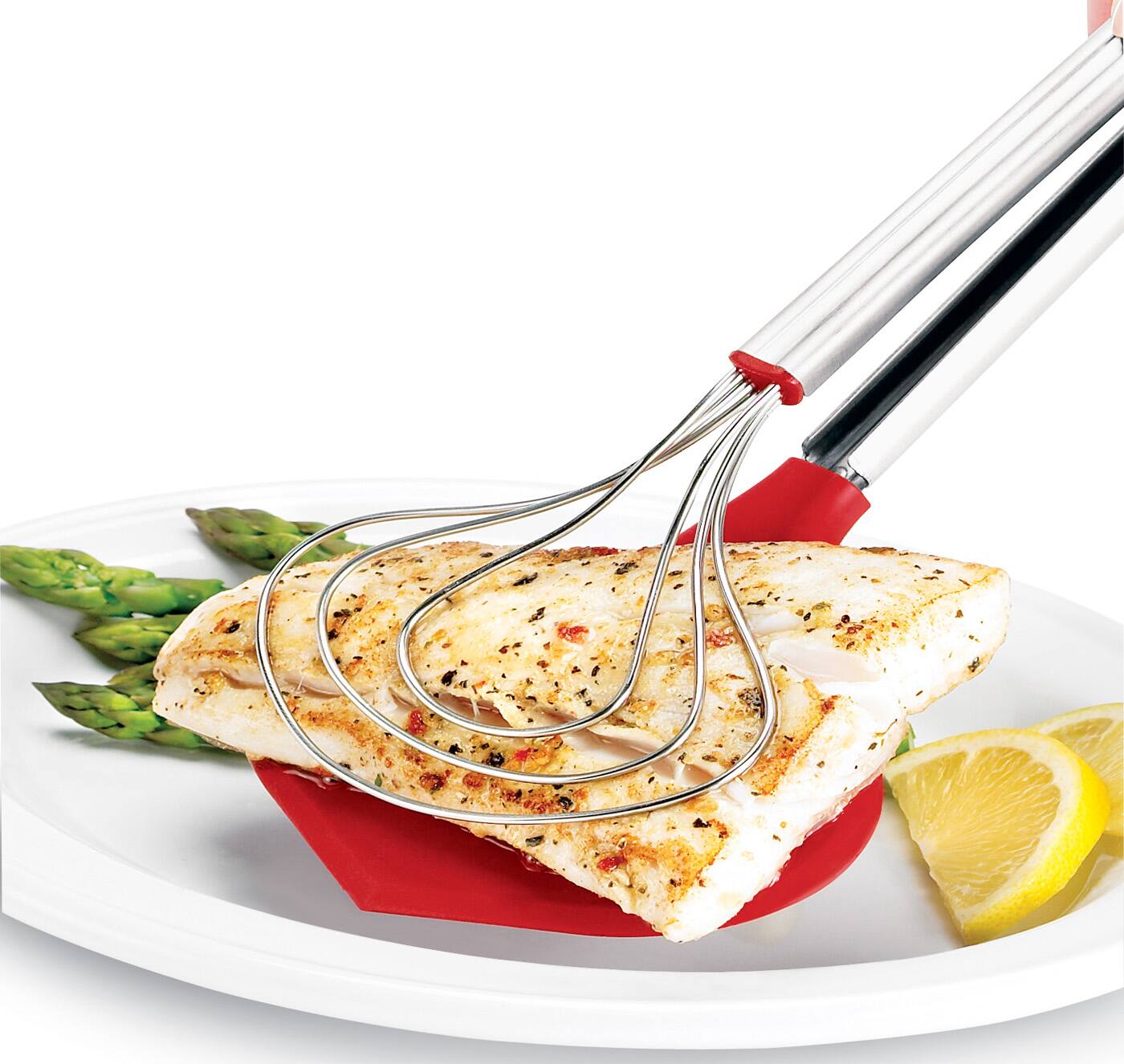 Alt View 1. Cuisipro - 13 Inch Fish Tongs Stainless Steel Silicone Locking Long Seafood - Red.