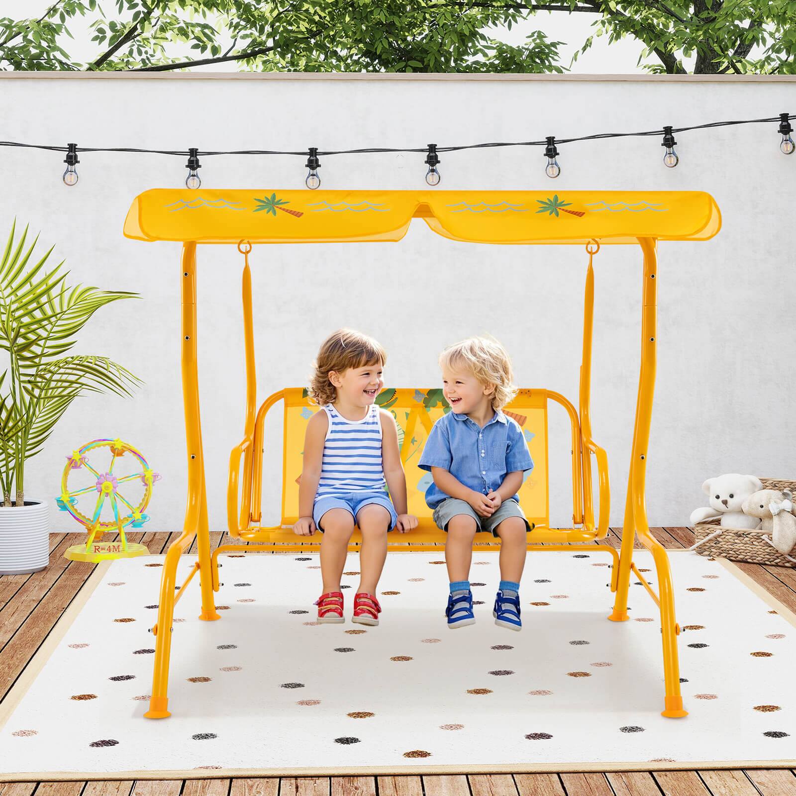 Alt View 1. Costway - Costway 2-Seater Toddler Porch Swing Chair with Metal Stand Adjustable Canopy Safety Belts - Yellow.