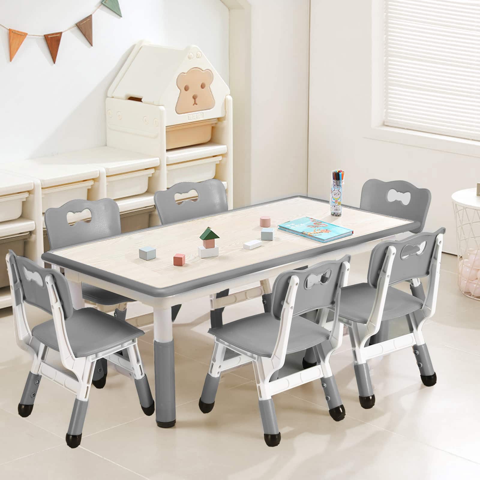 Acekool - Kids Table and Chairs Set, Toddler Height Adjustable Desk with Graffiti Desktop, 6 Seats - Gray