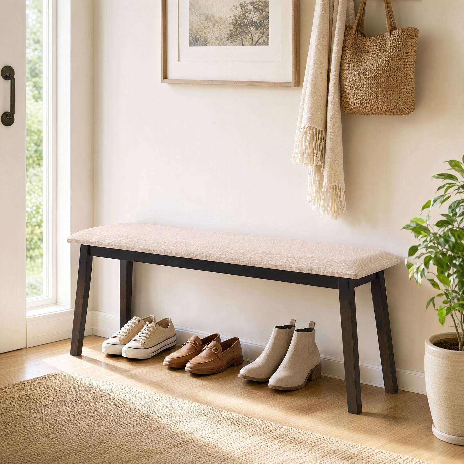 Alt View 1. Costway - Costway 43.5" Upholstered Entryway Bench with Rubber Wood Frame, Farmhouse End of Bed Bench - Beige.