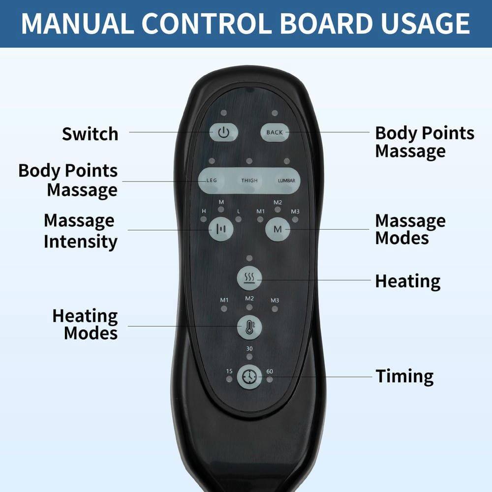 MANUAL CONTROL BOARD USAGE

- Switch
- Body Points Massage
- Massage Intensity
- Heating Modes
- Body Points Massage
- Massage Modes
- Heating
- Timing