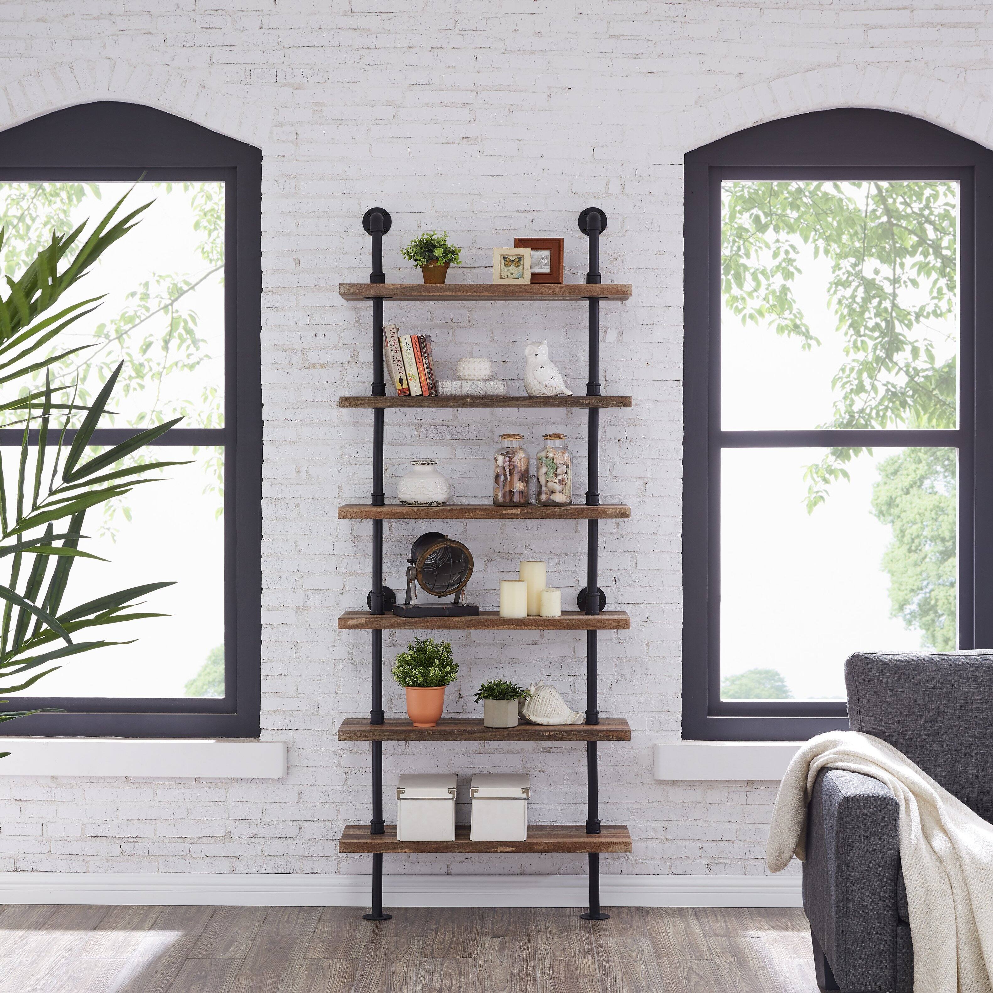 Left. Danya B - Industrial 6-Tier Iron Pipe Wall Ladder Shelf in Distressed Wood Finish - Brown.
