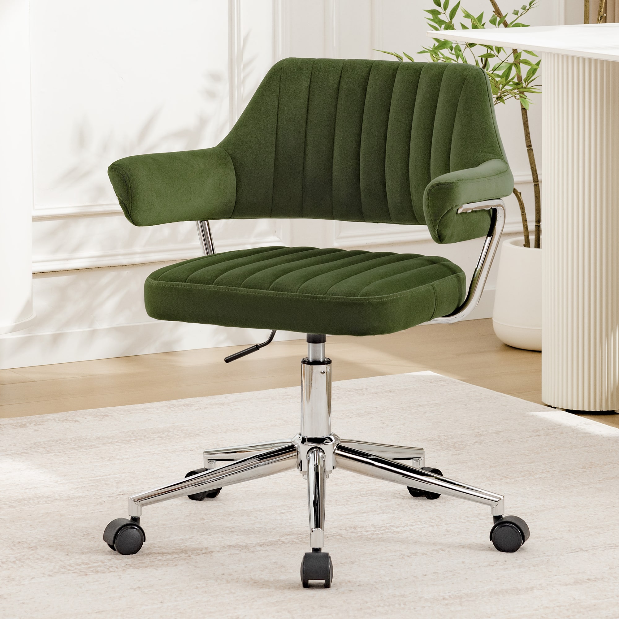 KERDOM - Rolling Mid Back Computer Chair, Swivel Makeup Chair with Arms, Adjustable Height Modern Style Velvet Home Office Chair - Green-1PC