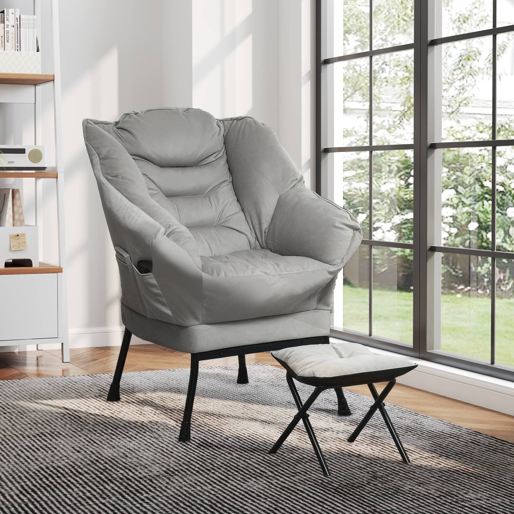Alt View 5. Homcom - Modern Recliner Chair with Ottoman - Fabric Lounge Armchair, Leisure Sofa & Footstool Set for Living Room​ - Light Gray.