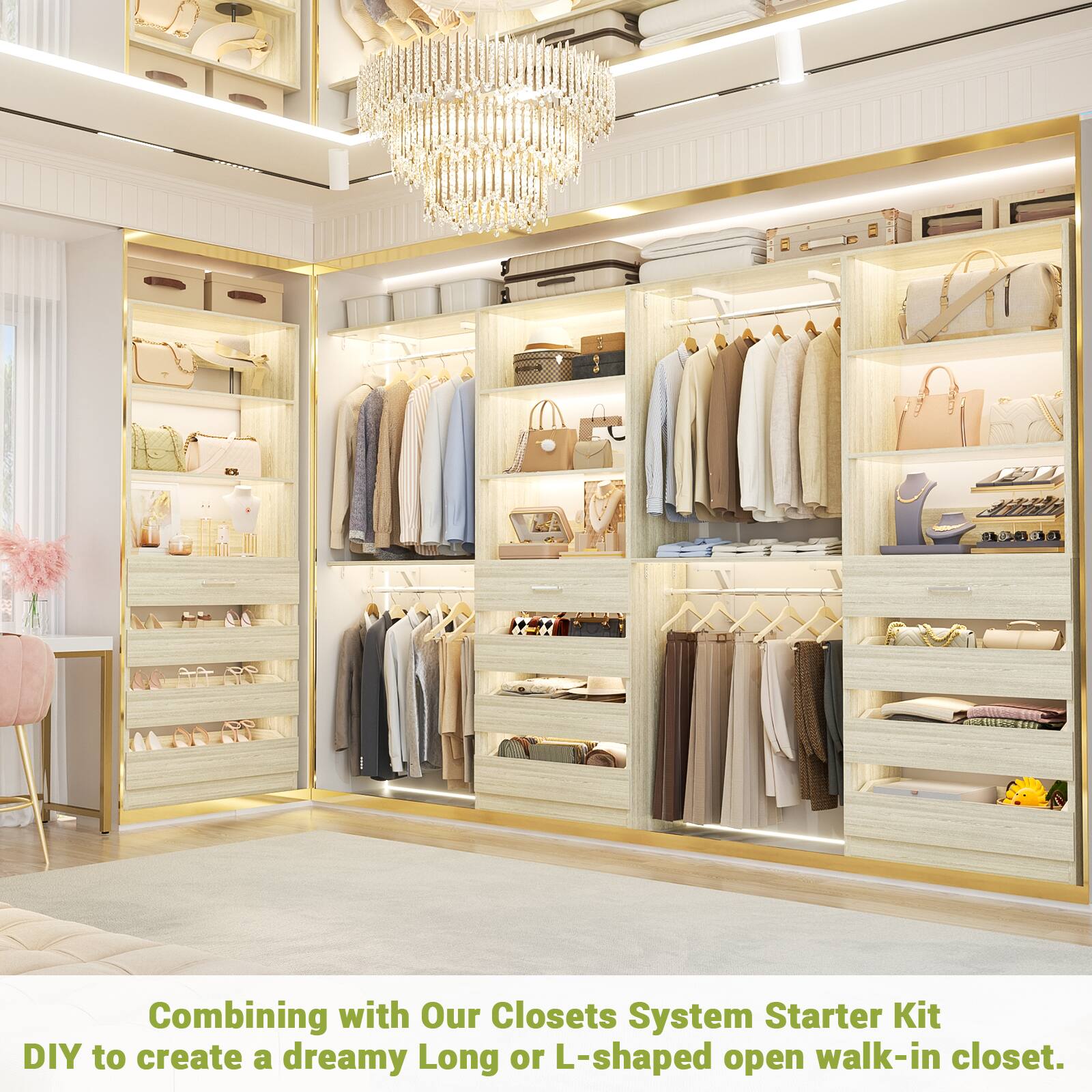 Combining with Our Closets System Starter Kit DIY to create a dreamy Long or L-shaped open walk-in closet.
