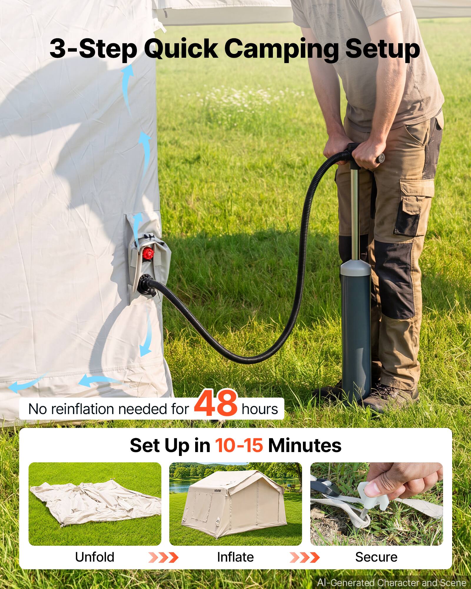 3-Step Quick Camping Setup

No reinflation needed for 48 hours

Set Up in 10-15 Minutes

Unfold
Inflate
Secure

AI-Generated Character and Scene