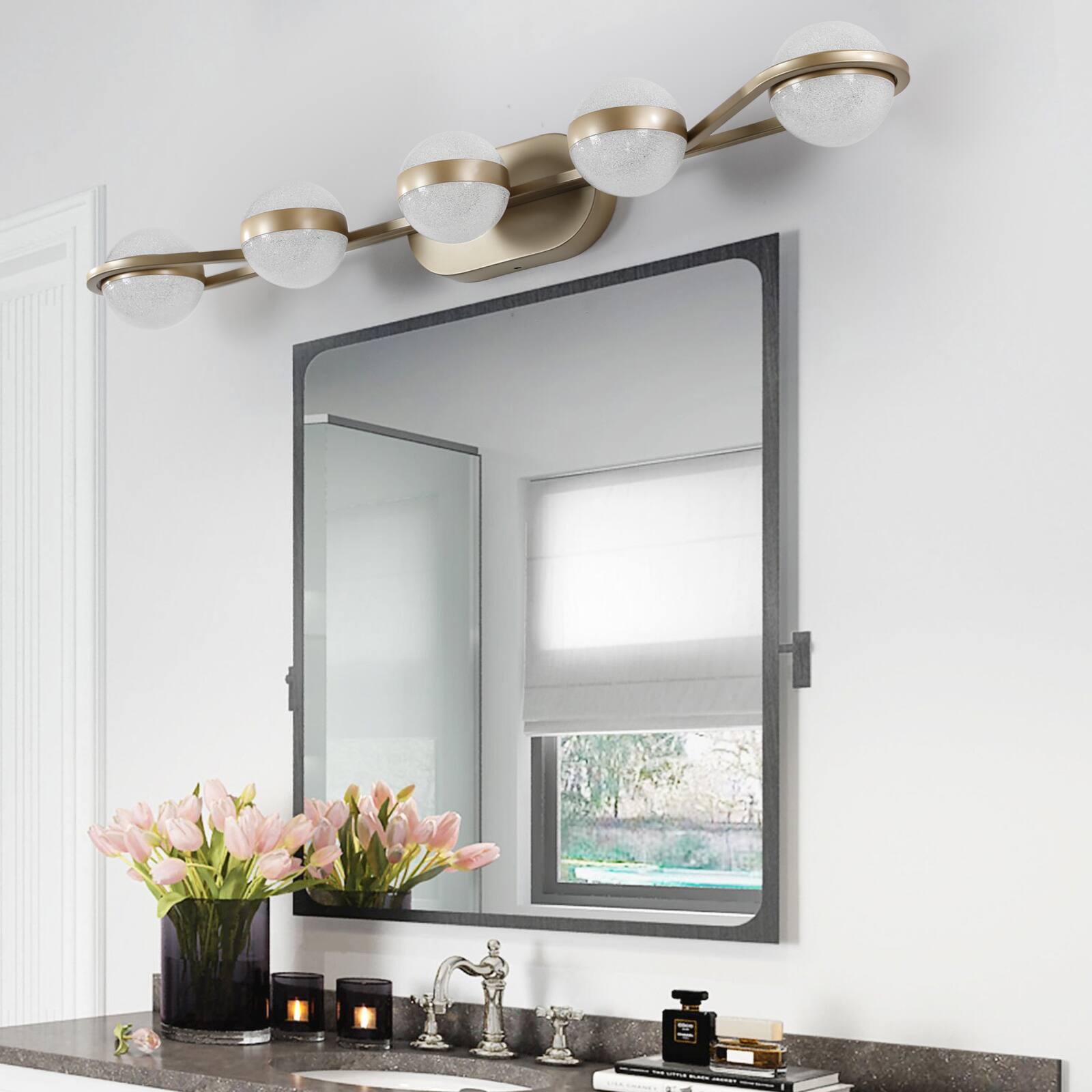 Alt View 2. Akoasm - 35" Modern 5-Light Bathroom Vanity Light with Crystal Sand Shades, Champagne Gold, Energy-Efficient LED, Wall Mounted.
