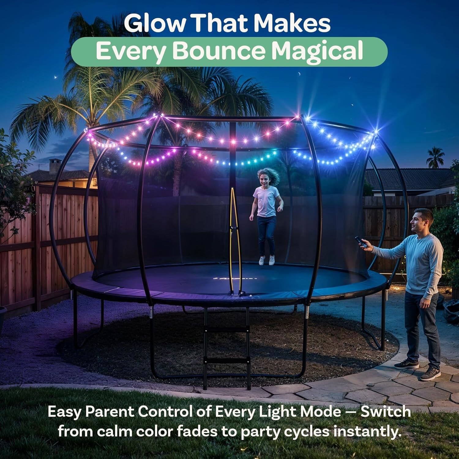 Glow That Makes Every Bounce Magical

Easy Parent Control of Every Light Mode - Switch from calm color fades to party cycles instantly.