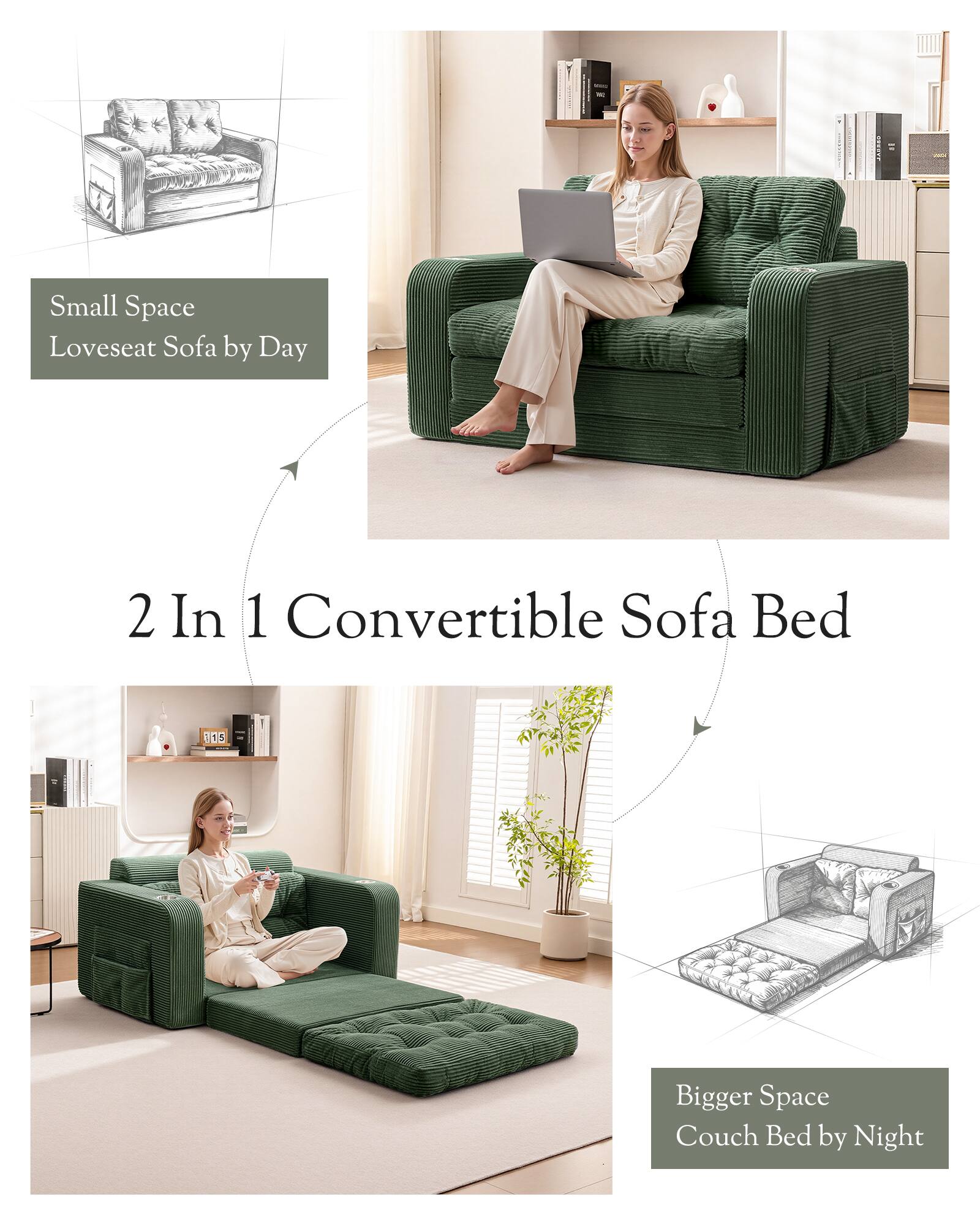 Small Space Loveseat Sofa by Day  
2 In 1 Convertible Sofa Bed  
Bigger Space Couch Bed by Night