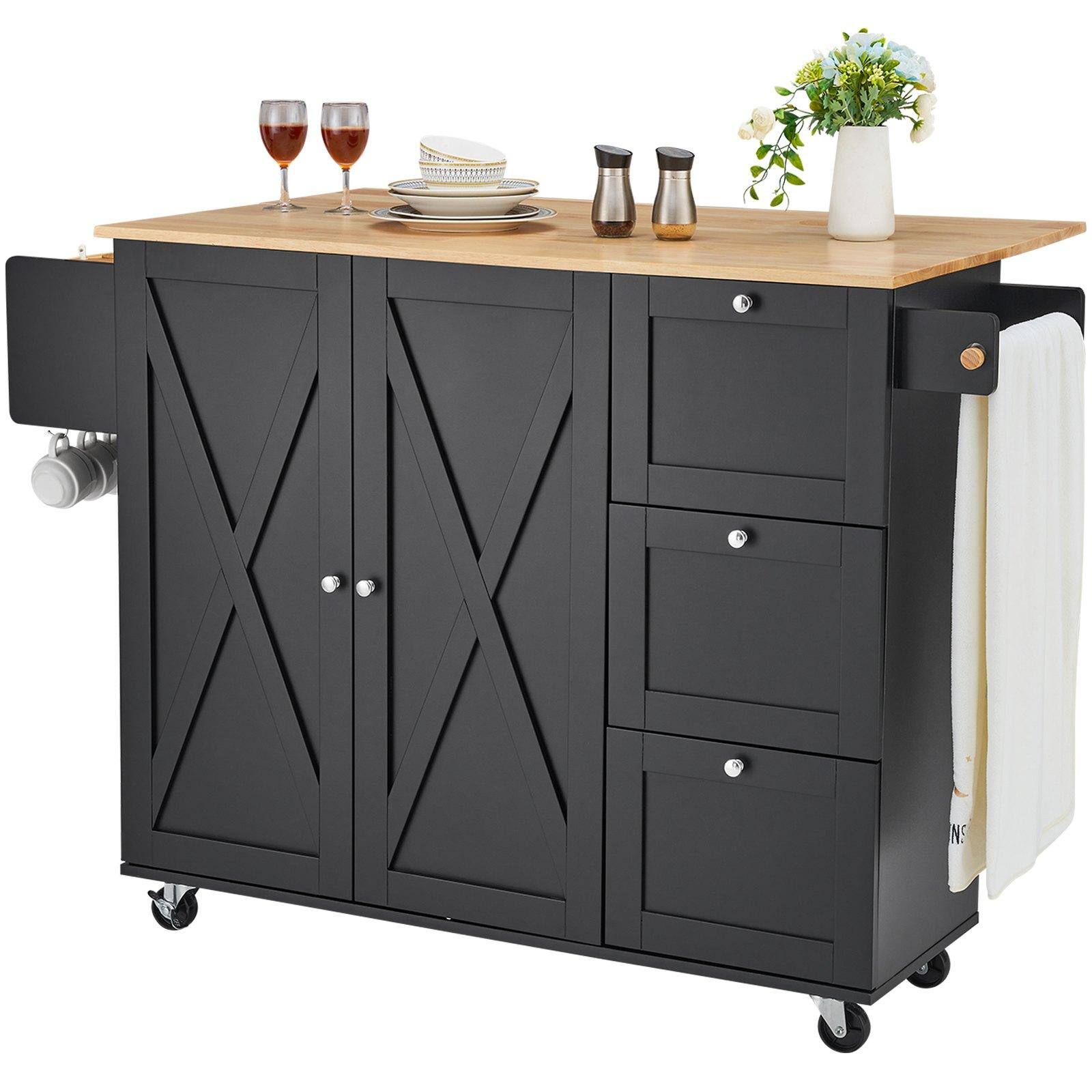 Alt View 9. Glintex - Kitchen Island Cart, 56" Wood Top Mobile Storage Cabinet with Drop Leaf, Drawer, Adjustable Shelf, Spice Rack and Hooks - Black.