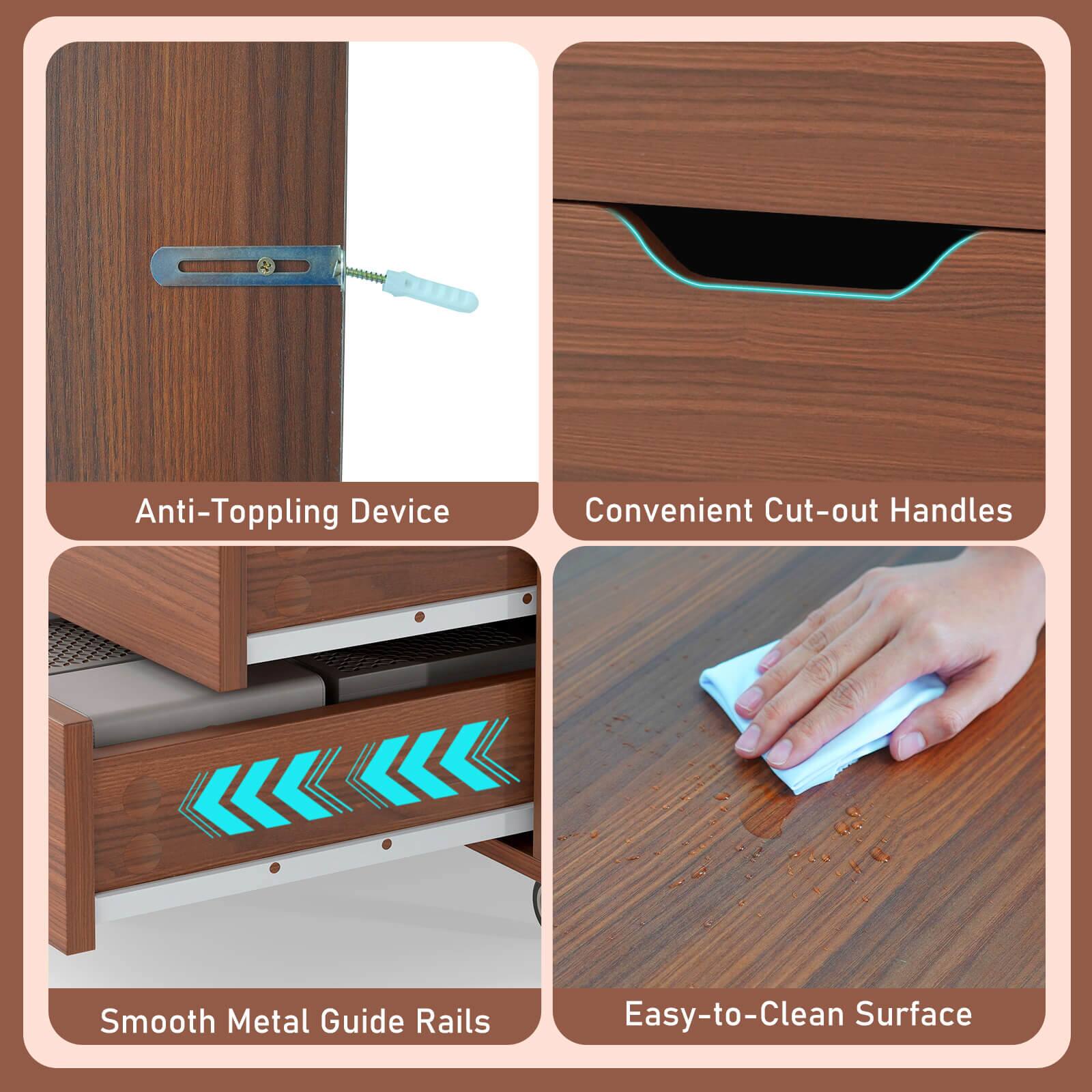 - Anti-Toppling Device
- Convenient Cut-out Handles
- Smooth Metal Guide Rails
- Easy-to-Clean Surface
