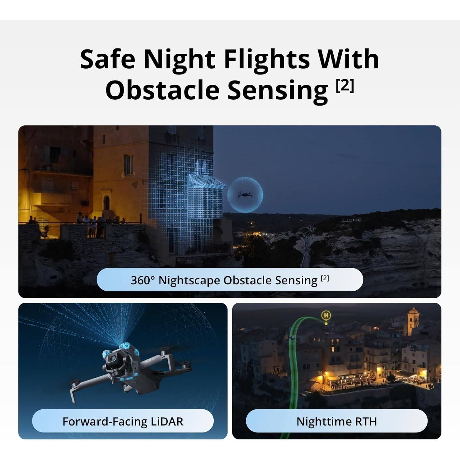 Safe Night Flights With Obstacle Sensing [2]

- 360° Nightscape Obstacle Sensing [2]
- Forward-Facing LiDAR
- Nighttime RTH