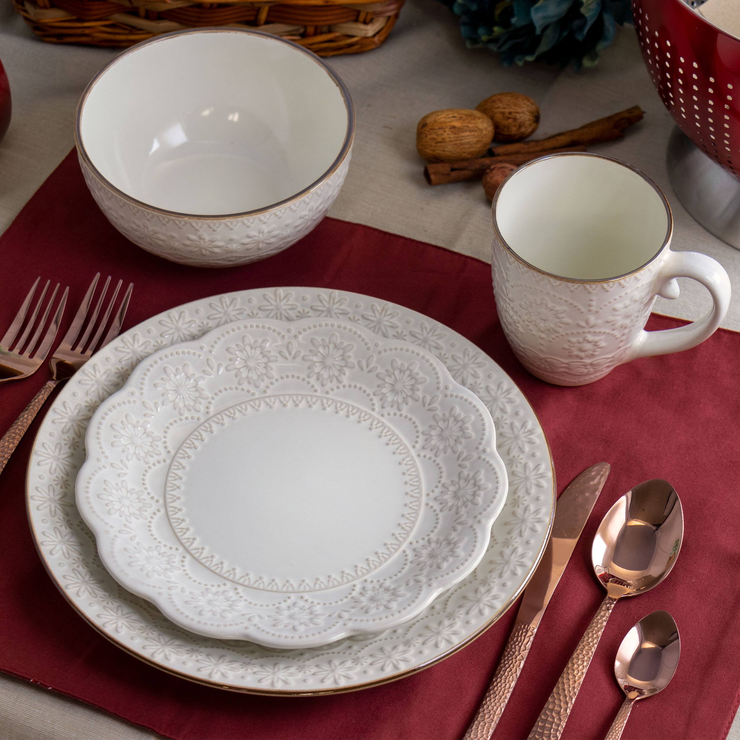 Alt View 9. Elama - Elama Contessa 16 Piece Embossed Scalloped Stoneware Dinnerware Set in Ivory - Ivory.