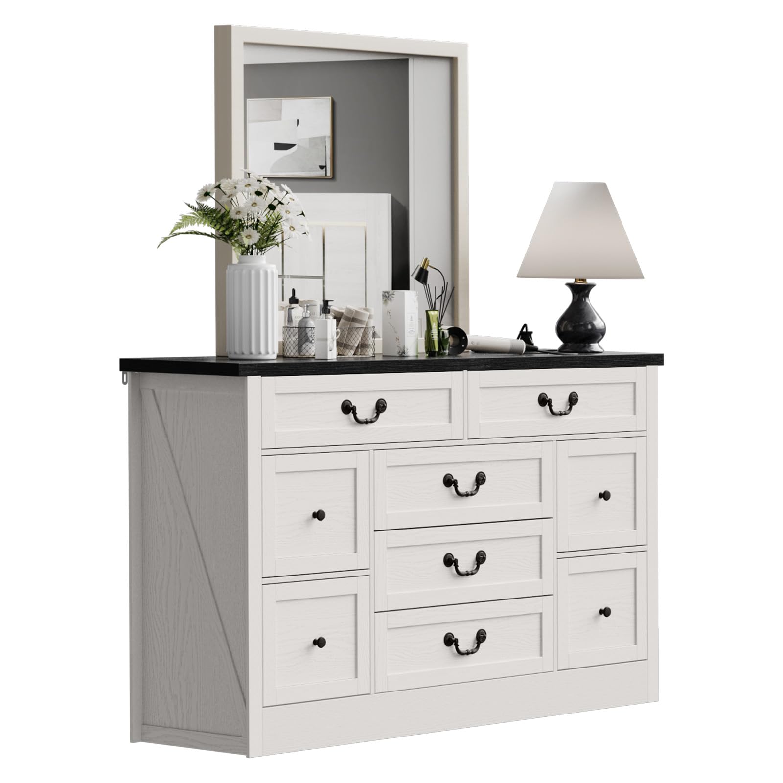 Front. Babevy - Fluted 9 Drawer Dresser for Bedroom, Modern Wooden Chest of Drawers with Metal Handles, Wide Dresser TV Stand - Black.