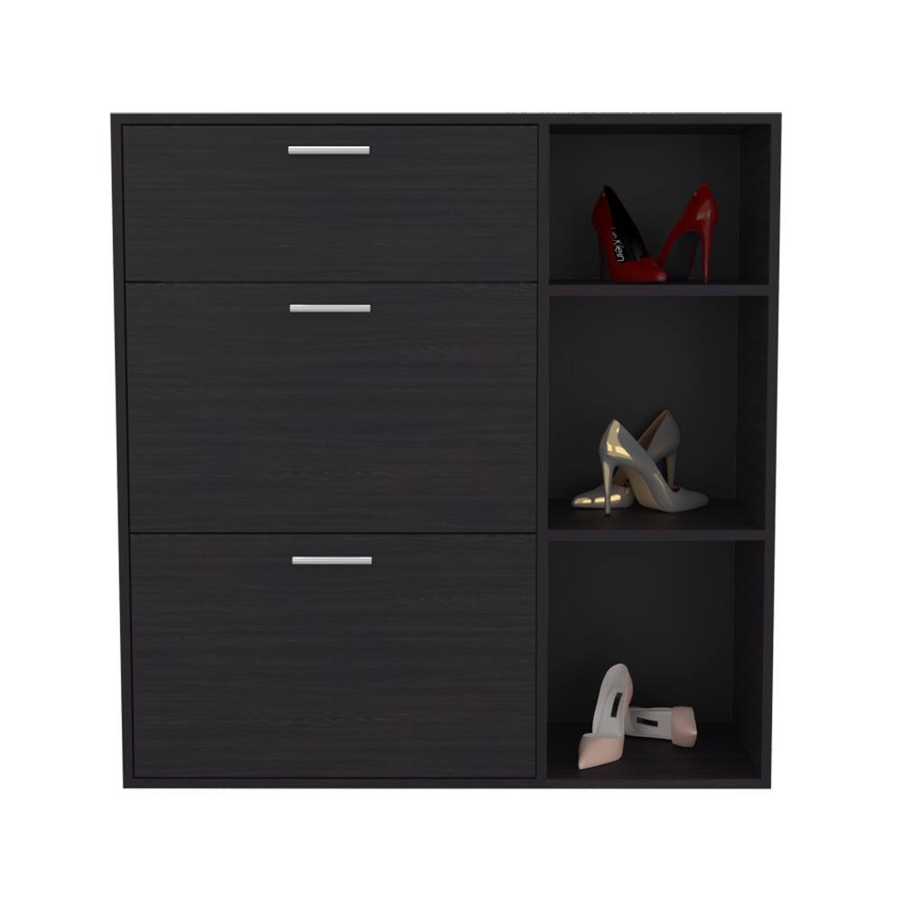 Alt View 2. Loheer - Loheer 3-door shoe rack with drawer, modern black shoe cabinet, 32.2 inch H - Black.