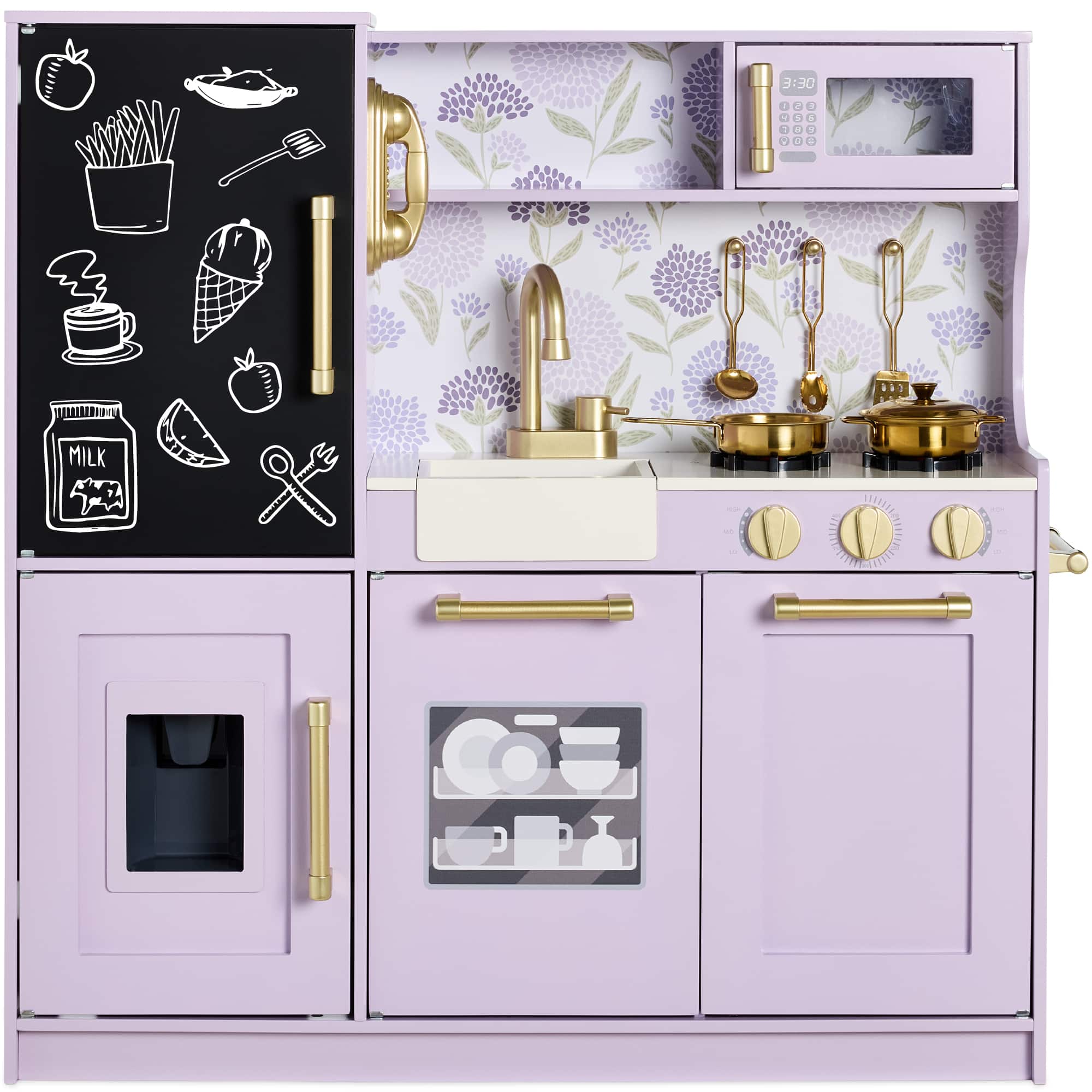 Best Choice Products - Pretend Play Kitchen Wooden Toy Set for Kids w/ Telephone, Utensils, Oven, Microwave - Lavender