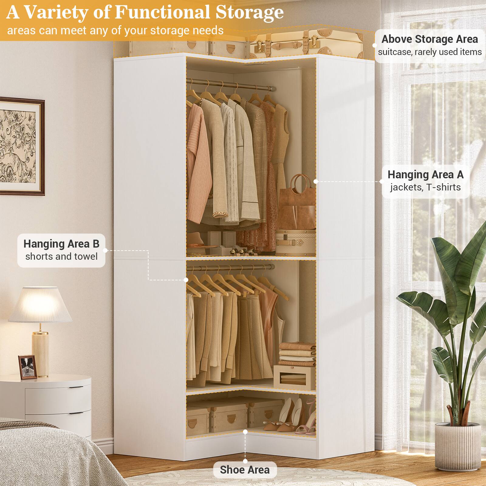 A Variety of Functional Storage areas can meet any of your storage needs

- Above Storage Area: suitcase, rarely used items
- Hanging Area A: jackets, T-shirts
- Hanging Area B: shorts and towel
- Shoe Area