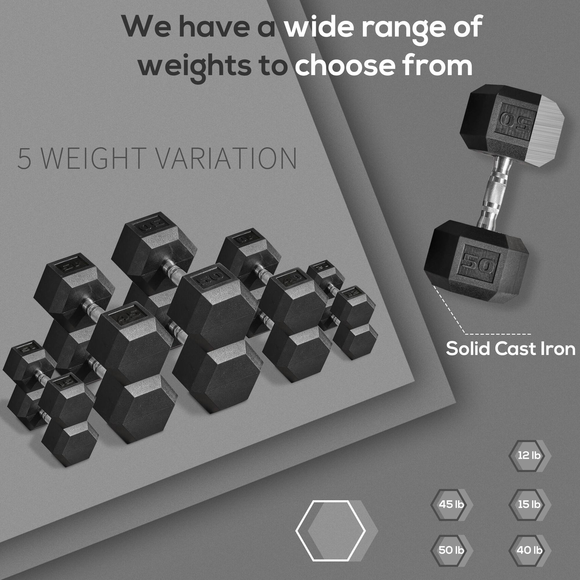 We have a wide range of weights to choose from 5 WEIGHT VARIATION Solid Cast Iron 12 lb 45 lb 15 lb 50 lb 40 lb