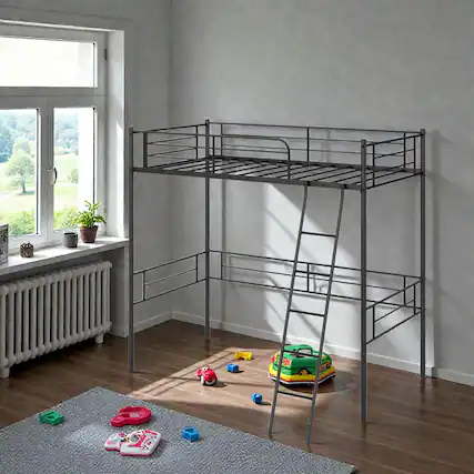 Front. Hivvago - Metal Twin Loft Bed Frame with Built-In Ladder and Safety Guardrails - Black.