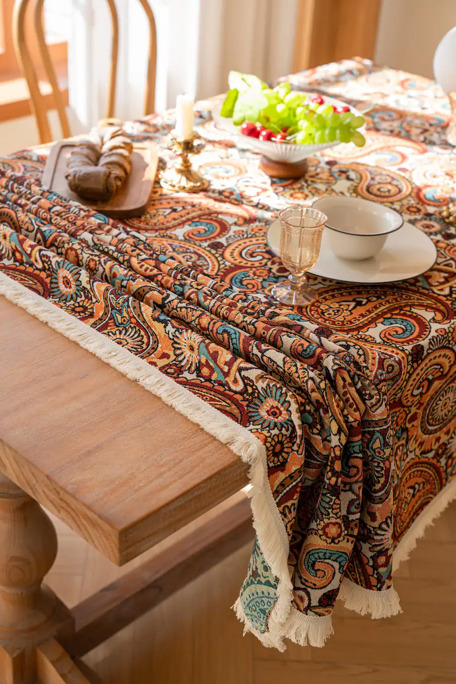 Rectangular Pattern Vintage Oumilen 59x118in Rectangle Paisley Tablecloth with Off White Fringe ...