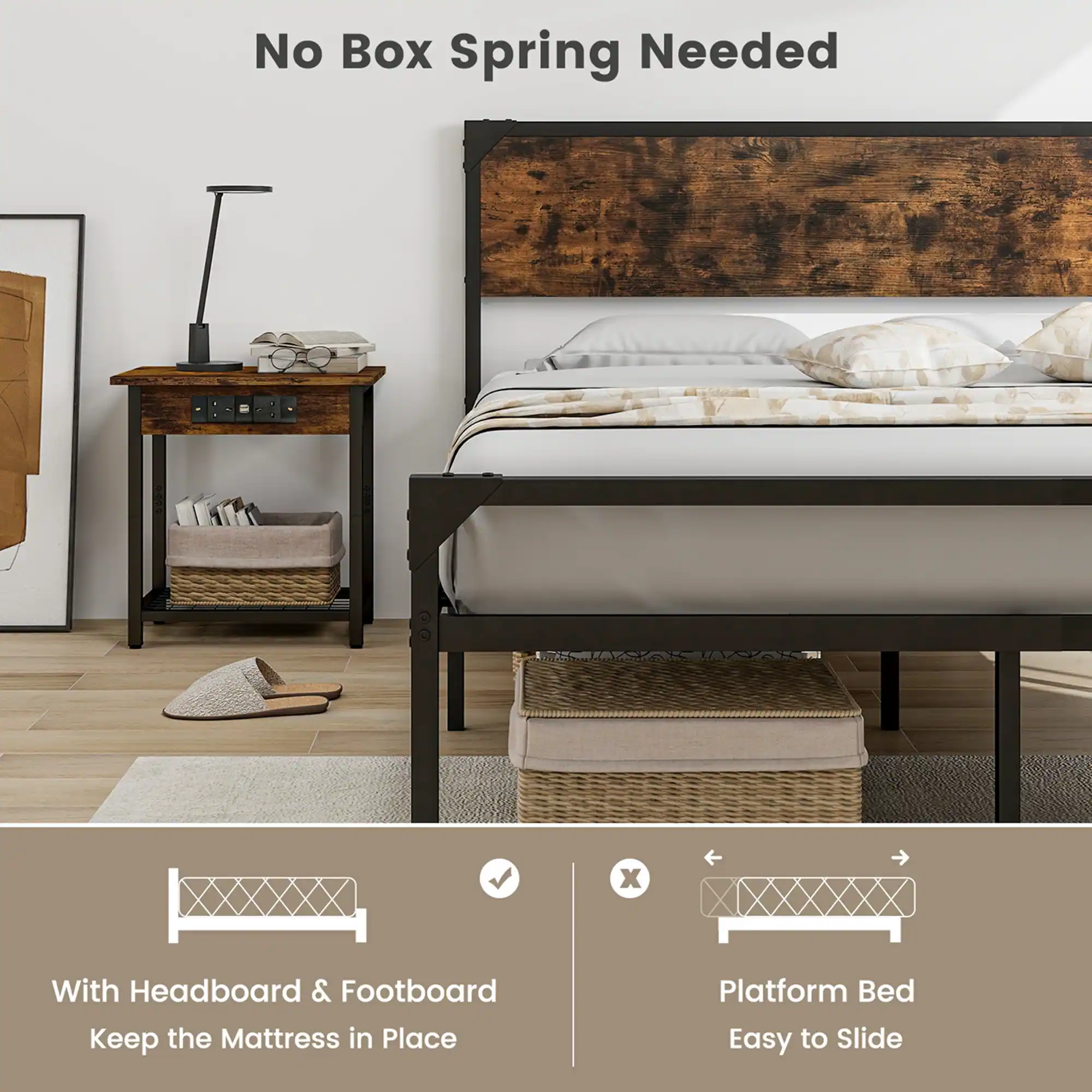 Alt View 6. Costway - Costway Platform Queen Bed with Rustic Headboard & Footboard Strong Metal Slat Support - Rustic Brown,Black.