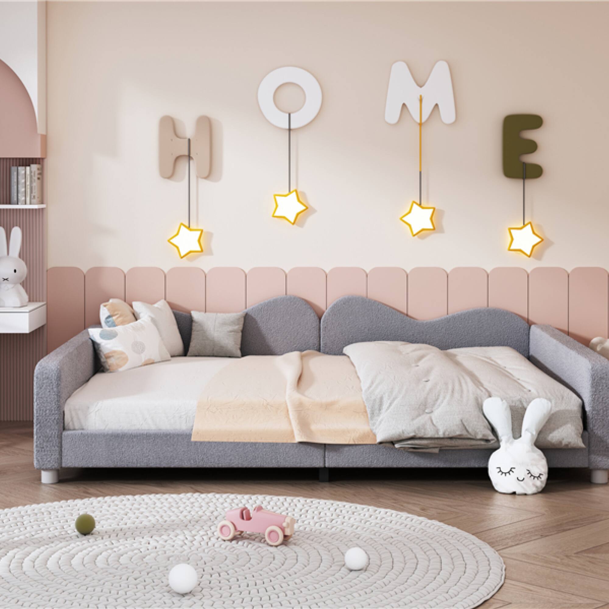 Alt View 5. GOODSILO - Full Size Upholstered Sherpa Fabric Sofabed with Cloud-Shaped Backrest Daybed No Box Spring Needed - Gray.