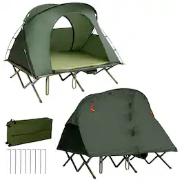 Gymax - 2-Person Outdoor Camping Tent Cot Compact Elevated Tent Set W/ External Cover - Green