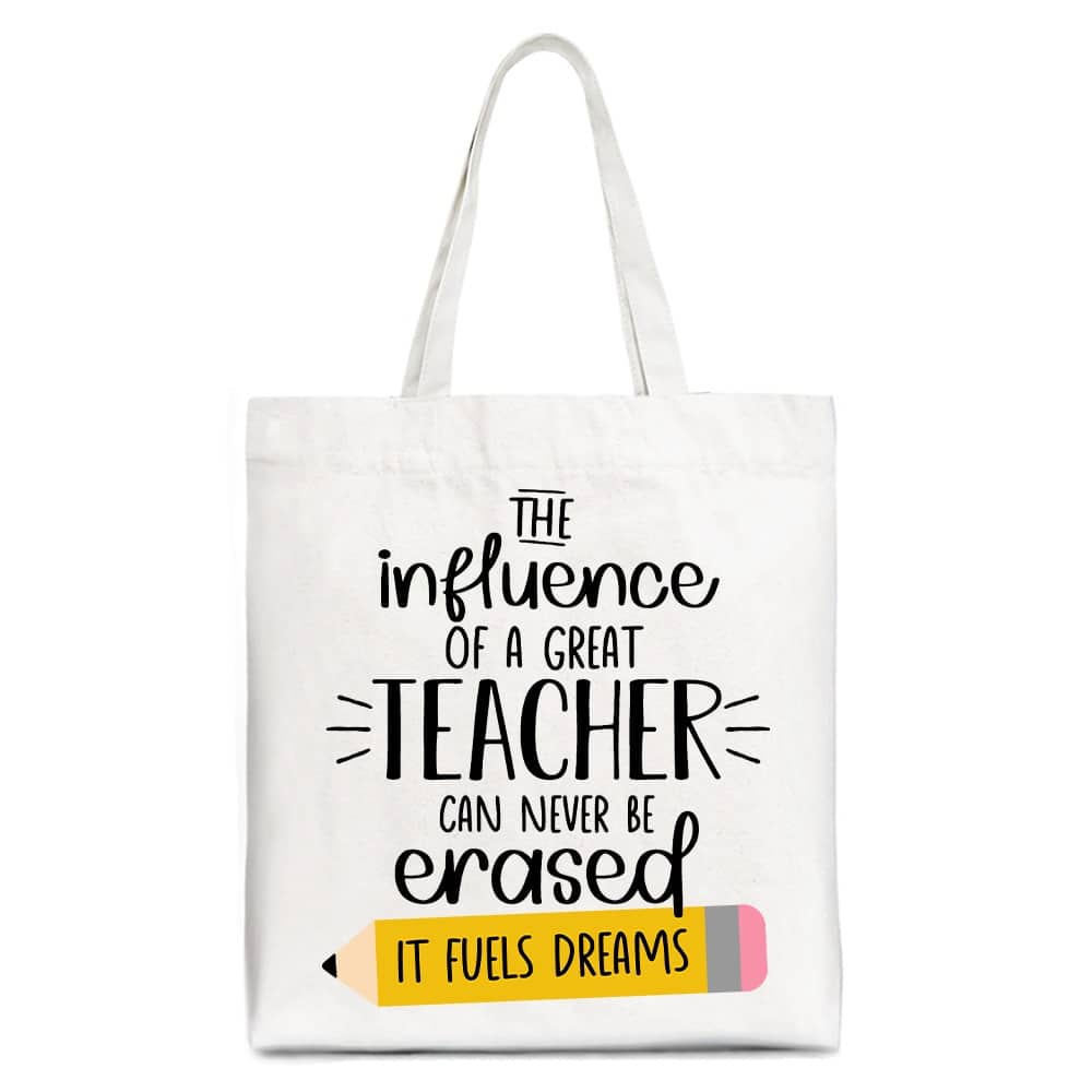 OrnamentallyYou - The Influence of a Great Teacher Canvas Tote Bag, Appreciation Gift Bag for Educators - White