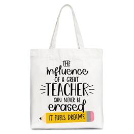 OrnamentallyYou - The Influence of a Great Teacher Canvas Tote Bag, Appreciation Gift Bag for Educators - White