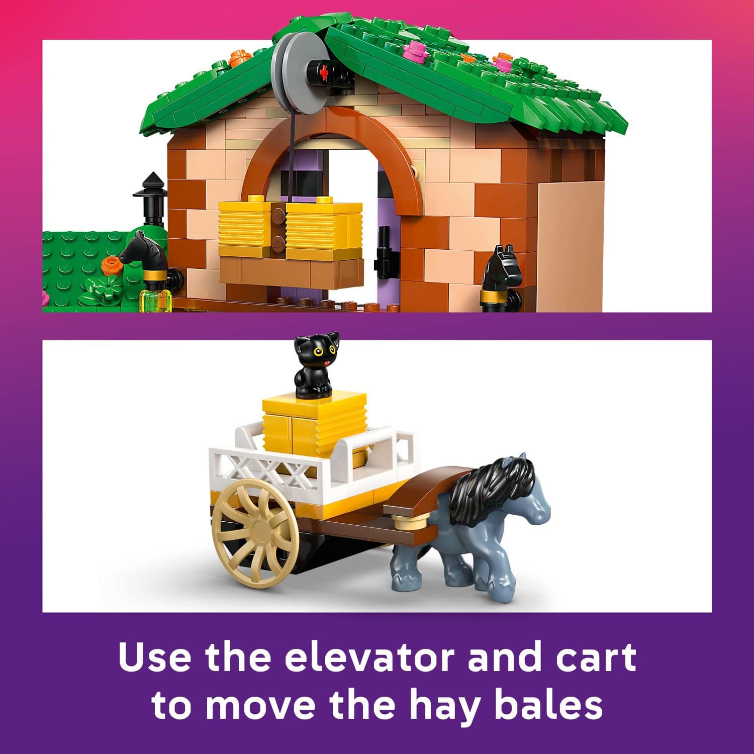 Use the elevator and cart to move the hay bales.