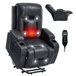 Akoasm - PU Leather Recliner Massage Chair with 8-Point Vibration and Lumbar Heating, USB Charging Port, Cup Holders-Dark Grey - Dark Gray