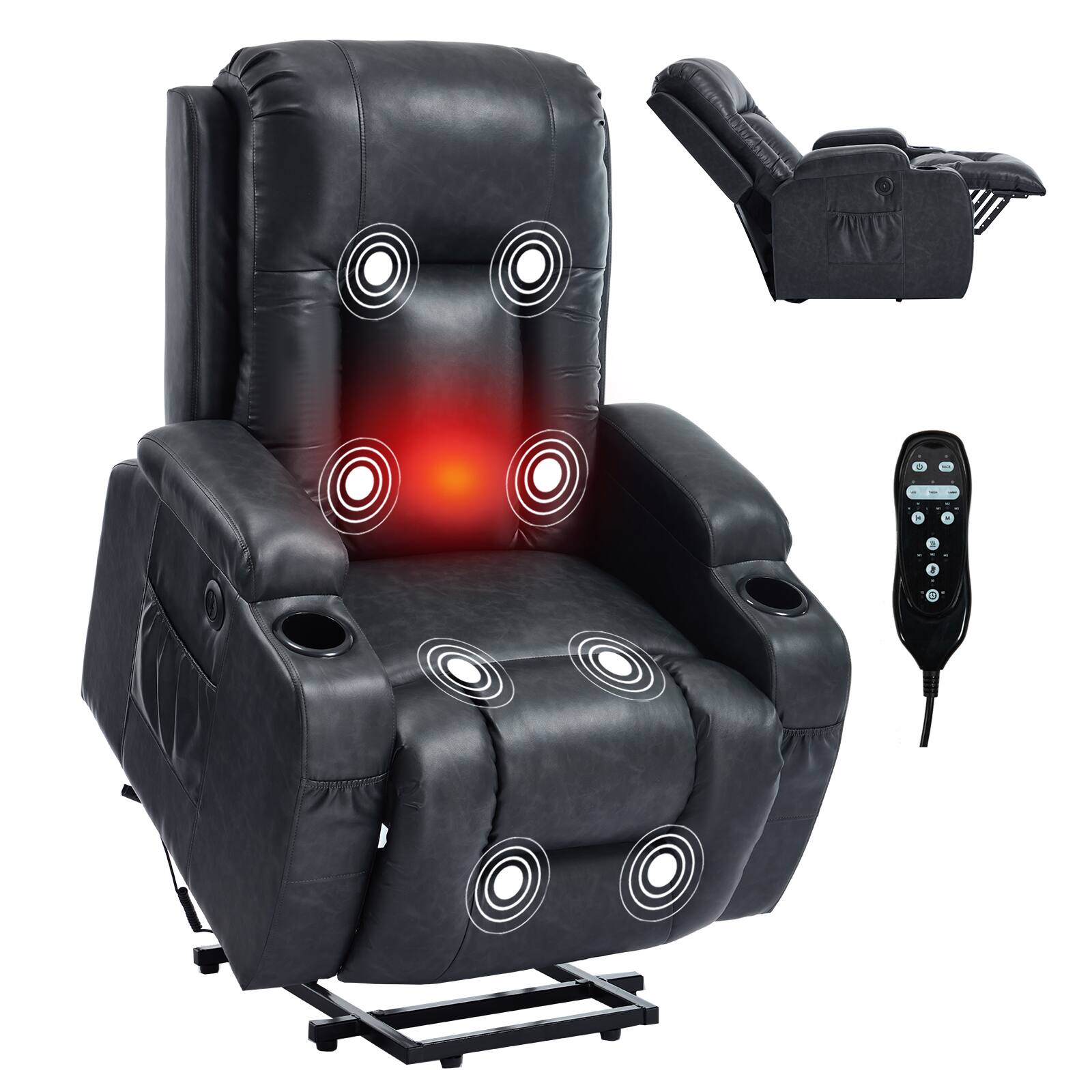 Front. Akoasm - PU Leather Recliner Massage Chair with 8-Point Vibration and Lumbar Heating, USB Charging Port, Cup Holders-Dark Grey - Dark Grey.
