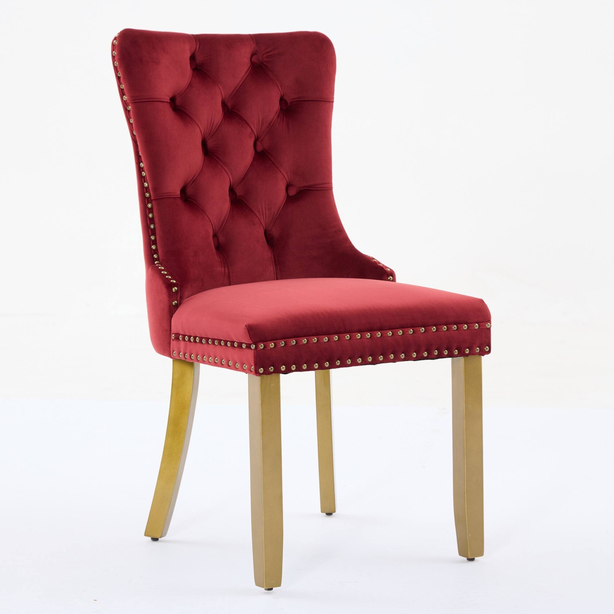 Left. GOODSILO - Modern Tufted Velvet Dining Chairs with Lion Head Pull Rings and Golden Wooden Legs, Set of 2 - Wine Red.