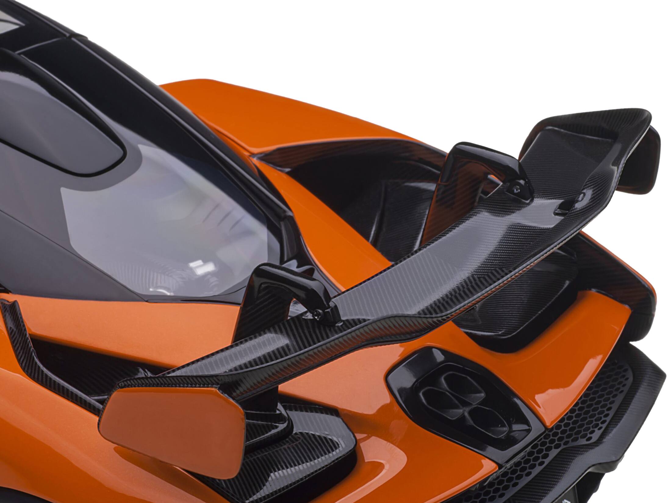 Back. Autoart - Mclaren Senna Trophy Mira Orange and Black with Carbon Accents 1/18 Model Car by Autoart - Mira Orange And Black With Carbon.