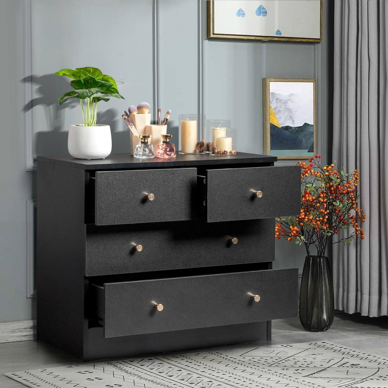 Alt View 8. Kadyn - 4 Drawer Dresser with Gold Handle, Nursery Dresser Chest Of Drawers Organizer - Black.
