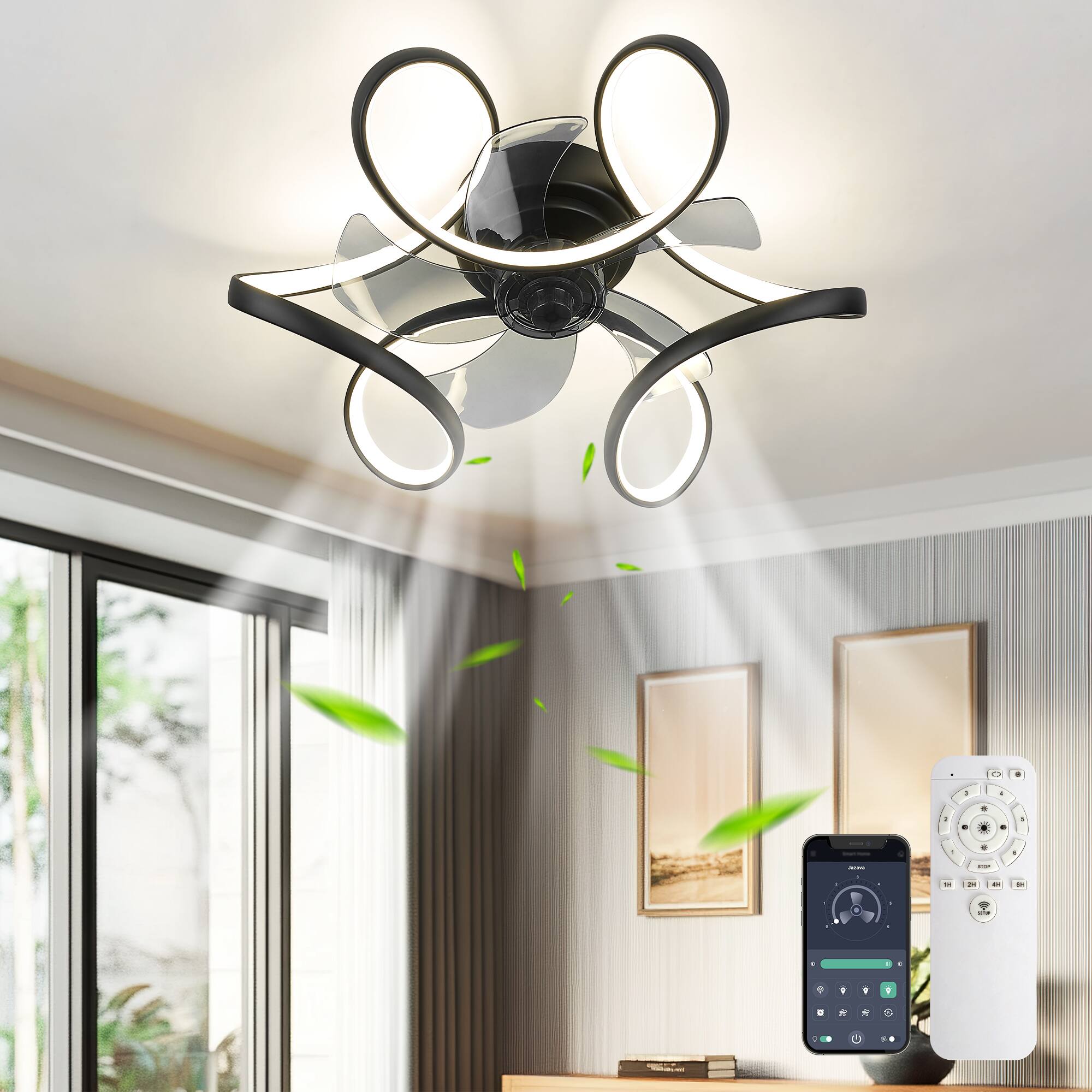 Angle. JAZAVA - 20-Inch Indoor Black Low Profile Reversible Ceiling Fan with LED Light, Quiet ABS Blades,dimmable brightness - Black.