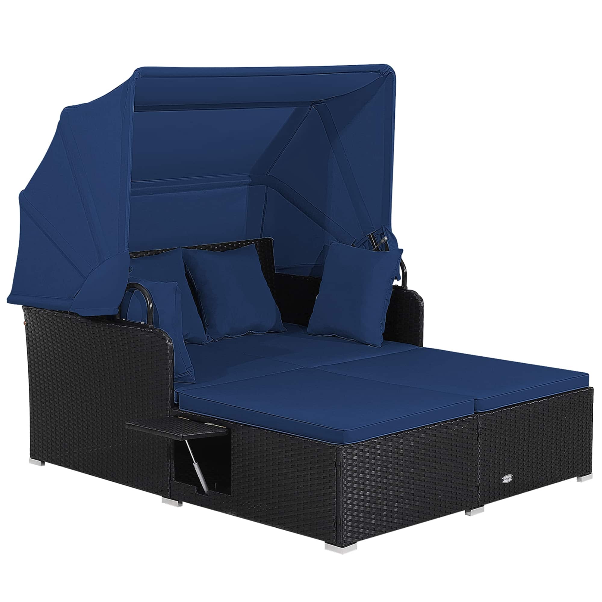 Front. Costway - Patio Rattan Daybed Lounge Retractable Top Canopy Side Tables Cushions - Navy.