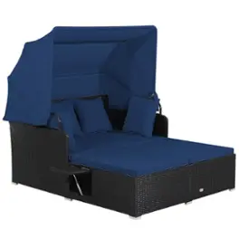 Costway - Patio Rattan Daybed Lounge Retractable Top Canopy Side Tables Cushions - Navy