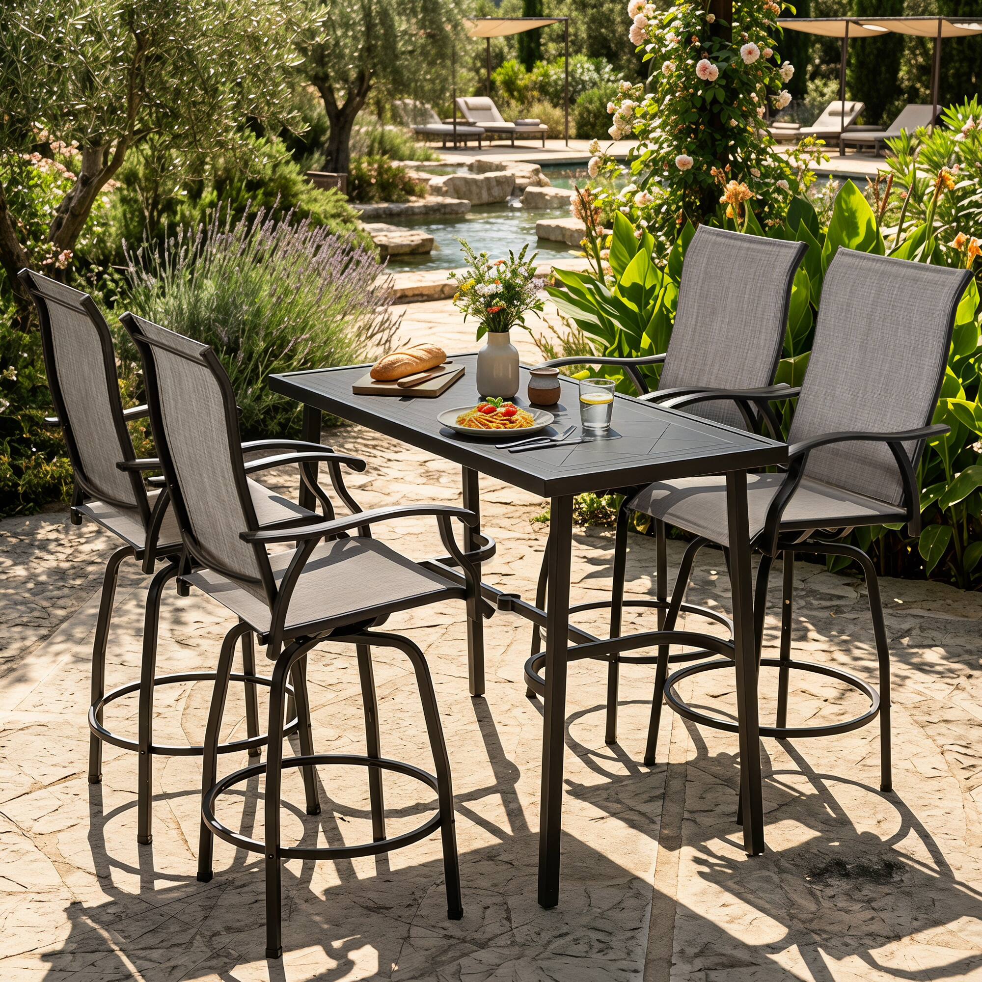 Left. Nuu Garden - Metal Rectangular Outdoor Bar Table with Diamond-Patterned Tabletop - Black.