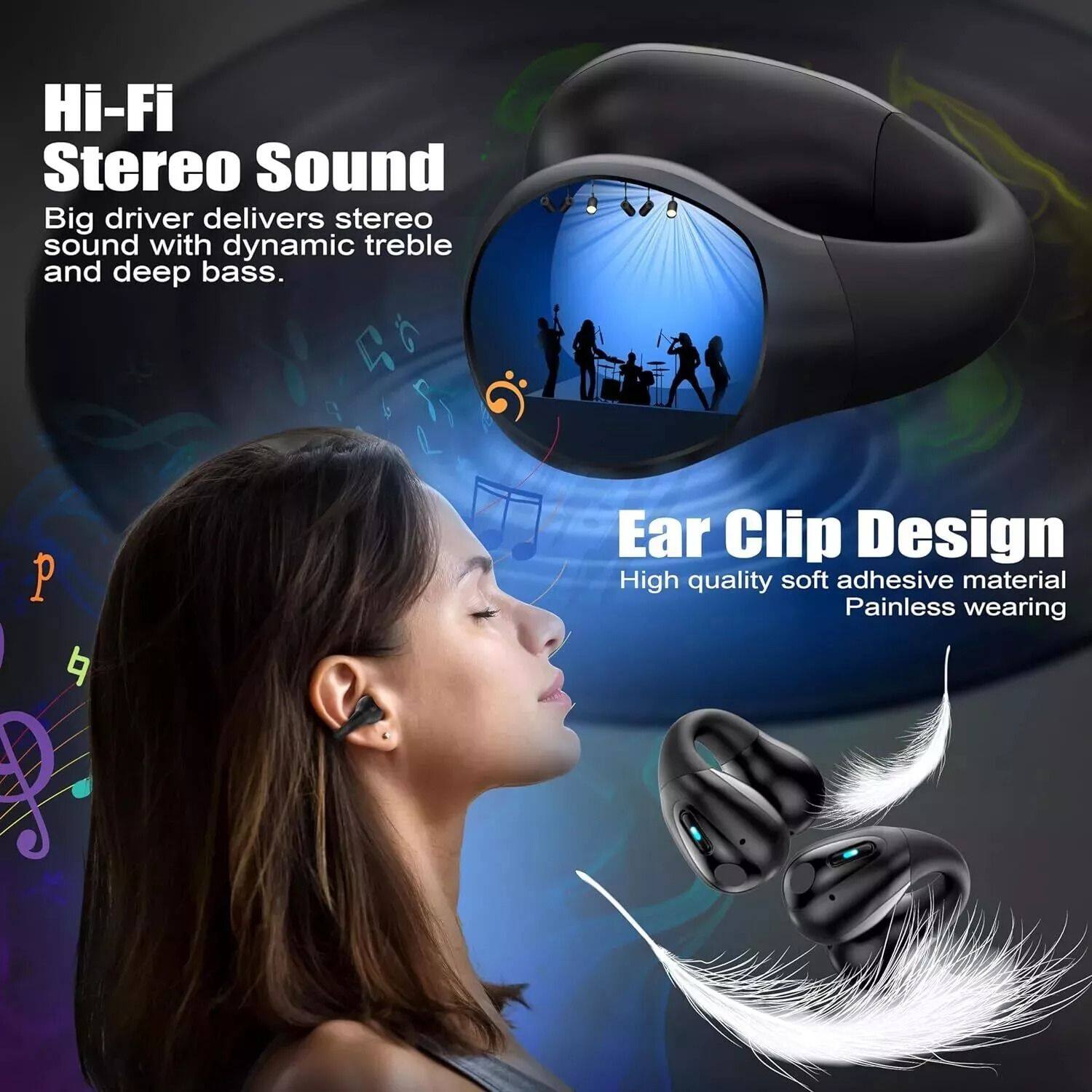 Hi-Fi Stereo Sound, Big driver delivers stereo sound with dynamic treble and deep bass.

Ear Clip Design, High quality soft adhesive material, Painless wearing.