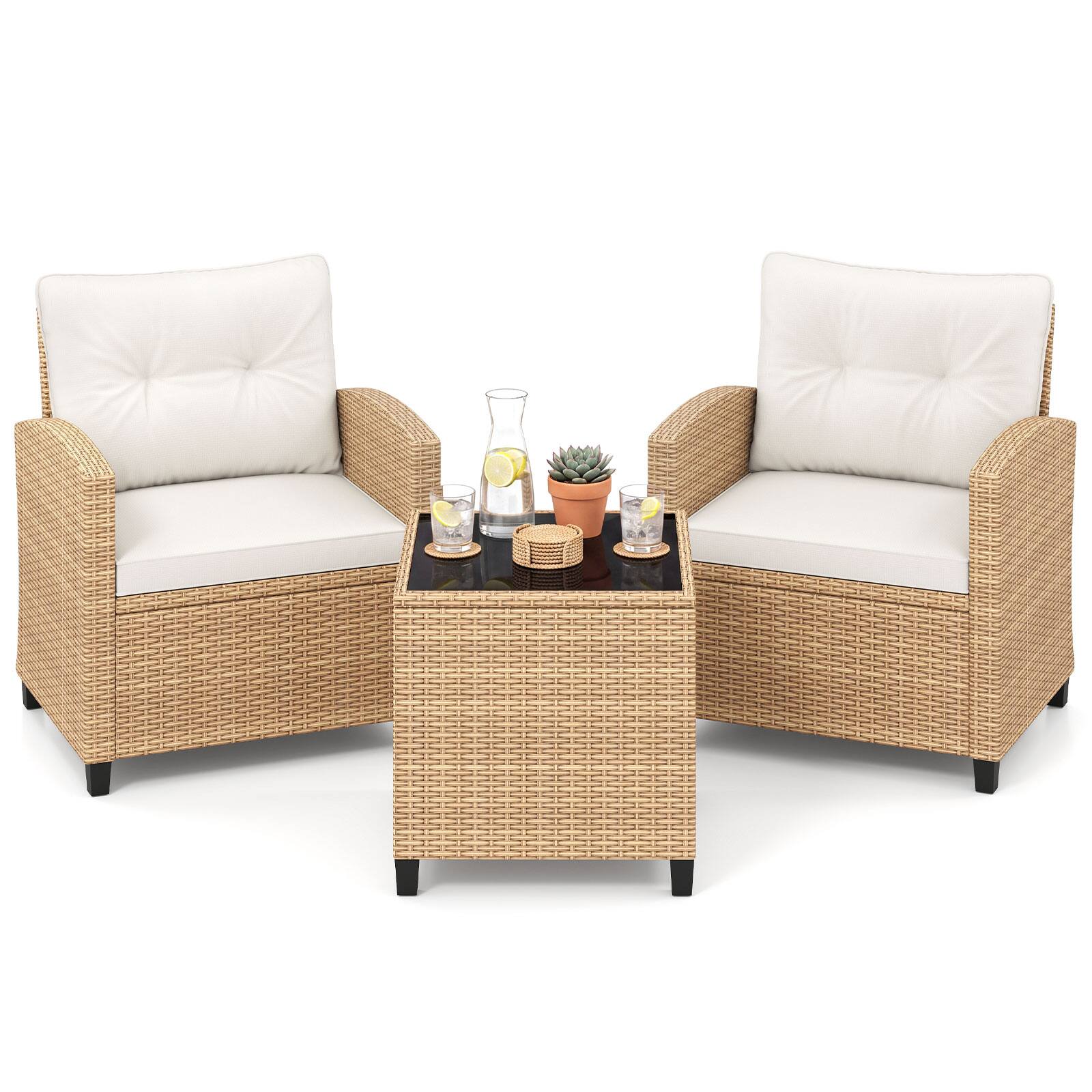 Alt View 1. Costway - Costway 3PCS Patio Furniture Set, Rattan Conversation Set with Soft Seat & Back Cushions - Light Brown+Off-White.